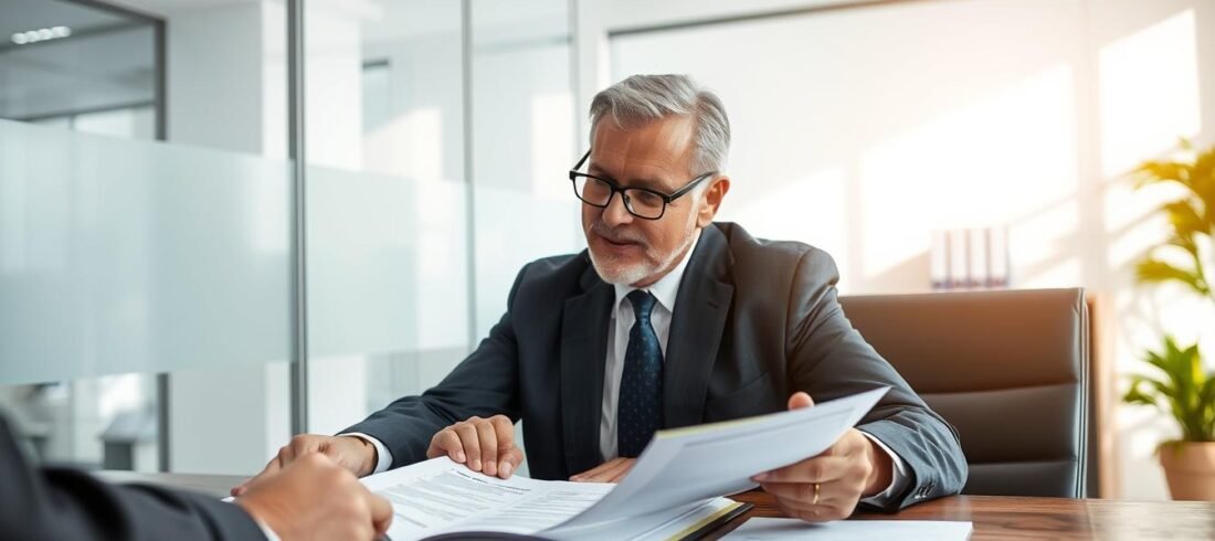 Pessoa analisando documentos de usucapião com advogado especialista