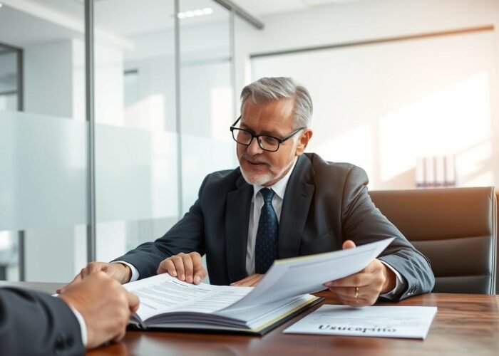 Pessoa analisando documentos de usucapião com advogado especialista
