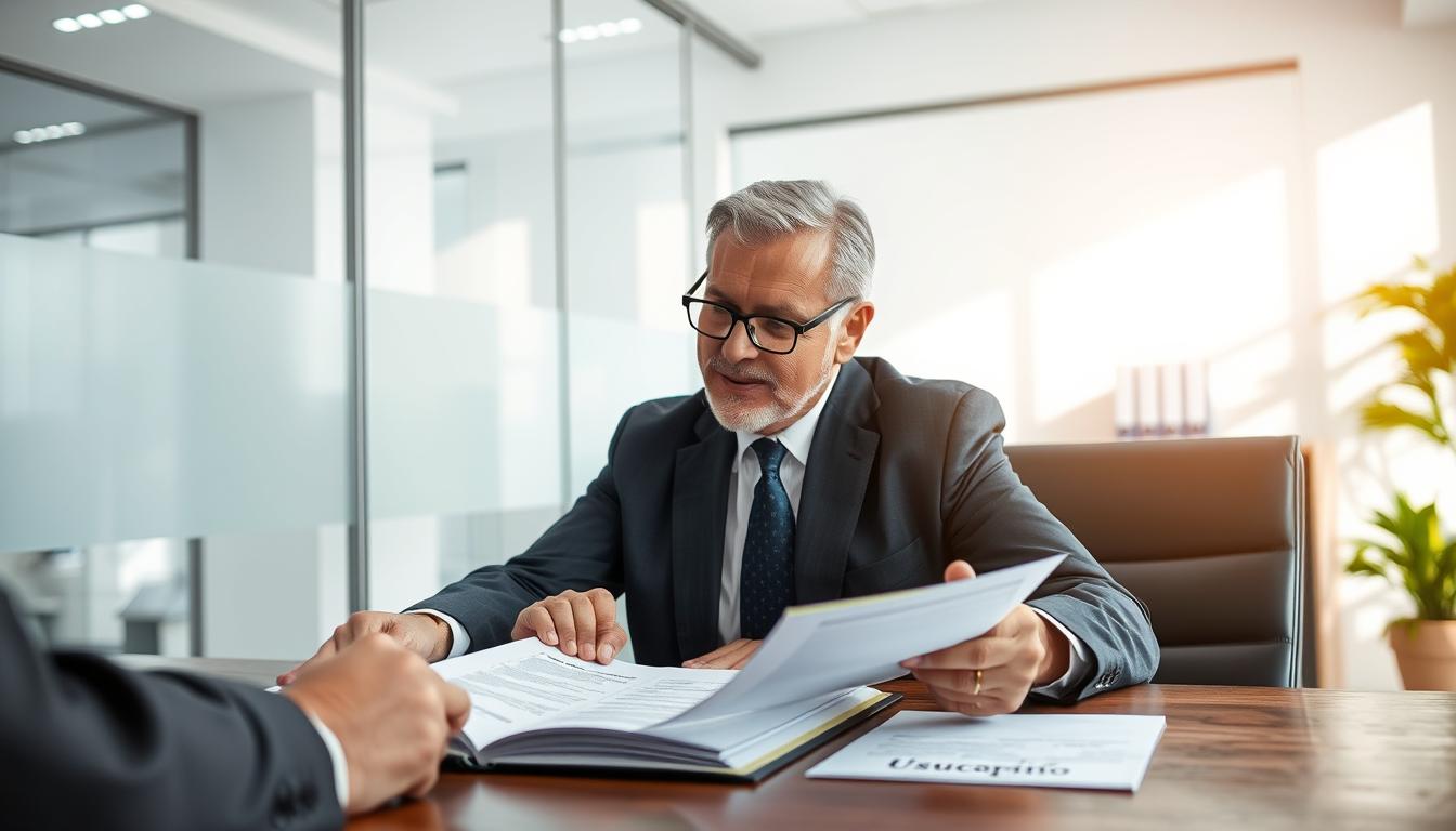 Pessoa analisando documentos de usucapião com advogado especialista