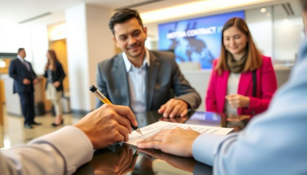 Pessoa assinando contrato de financiamento imobiliário com o banco sem assessoria jurídica Pessoa assinando contrato de financiamento imobiliário com o banco sem assessoria jurídica