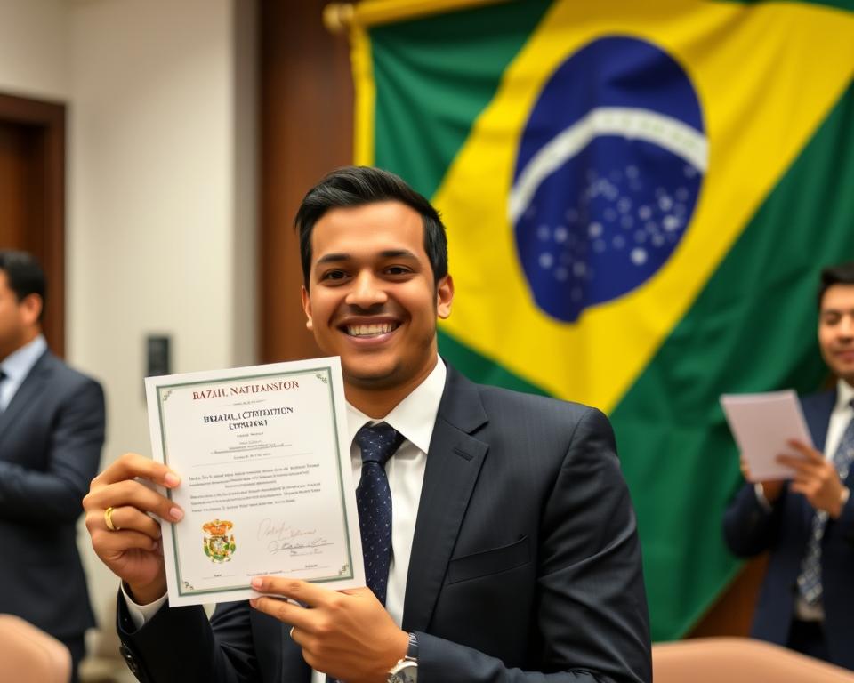 Pessoa celebrando a conquista da naturalização brasileira Pessoa celebrando a conquista da naturalização brasileira