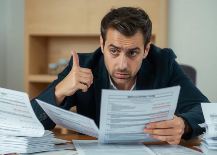 Pessoa confusa analisando documentos relacionados à devolução do caução com expressão preocupada