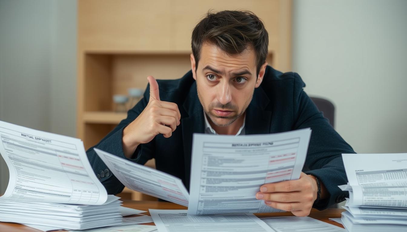 Pessoa confusa analisando documentos relacionados à devolução do caução com expressão preocupada