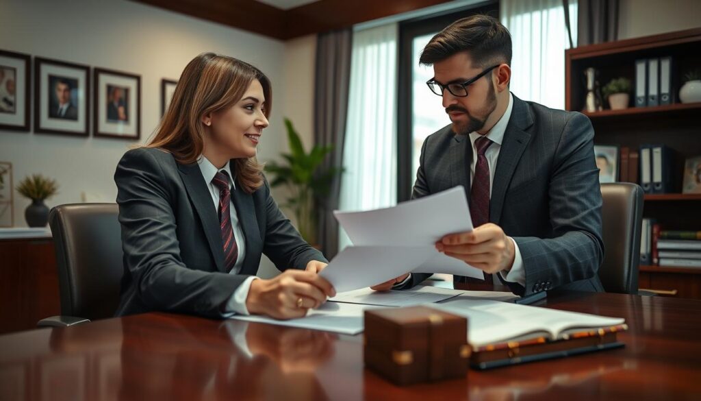 Pessoa consultando advogado sobre atualização de matrícula de imóvel após inventário