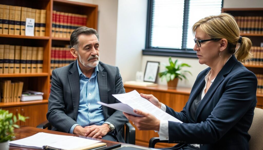Pessoa consultando um advogado sobre dúvidas de inventário de bens Pessoa consultando um advogado sobre dúvidas de inventário de bens