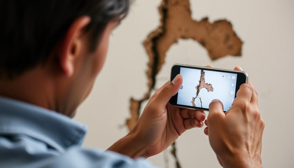 Pessoa documentando problemas estruturais em imóvel alugado com smartphone