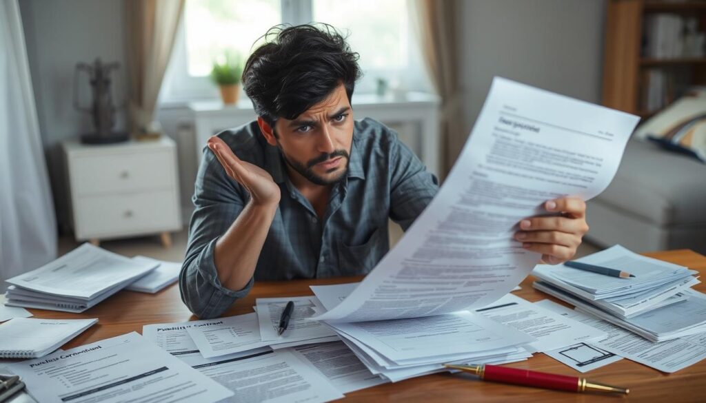 Pessoa frustrada com problemas após assinar contrato de compra e venda sem revisar Pessoa frustrada com problemas após assinar contrato de compra e venda sem revisar