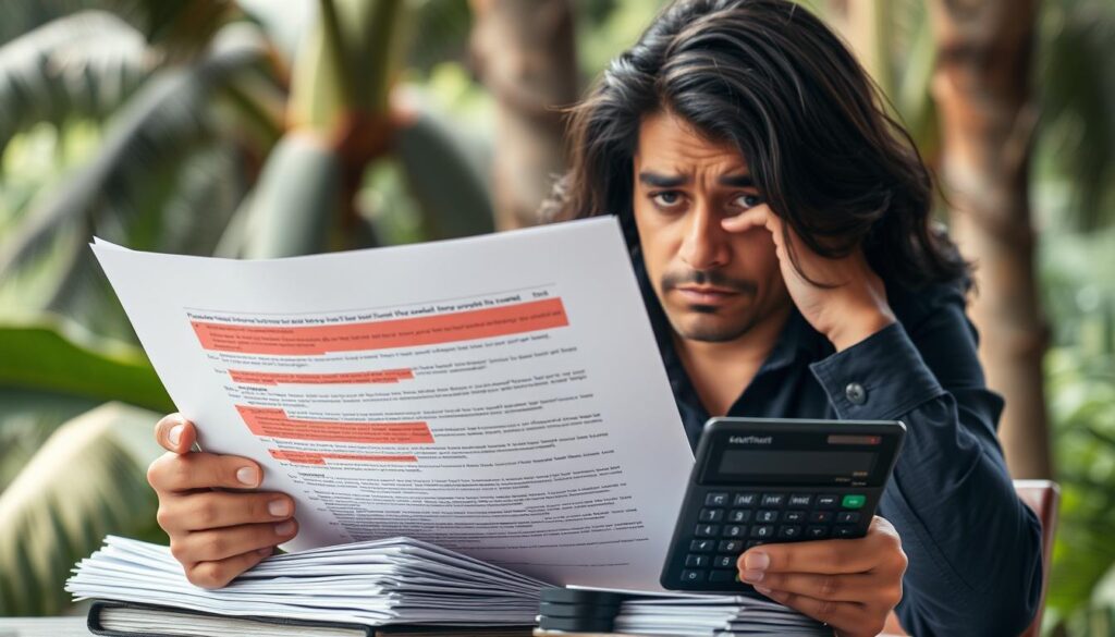 Pessoa preocupada analisando contrato com cláusulas abusivas destacadas durante processo de revisão de contrato Pessoa preocupada analisando contrato com cláusulas abusivas destacadas durante processo de revisão de contrato
