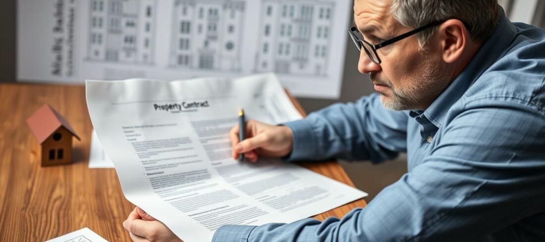 Pessoa preocupada analisando contrato de compra de imóvel na planta com expressão de dúvida