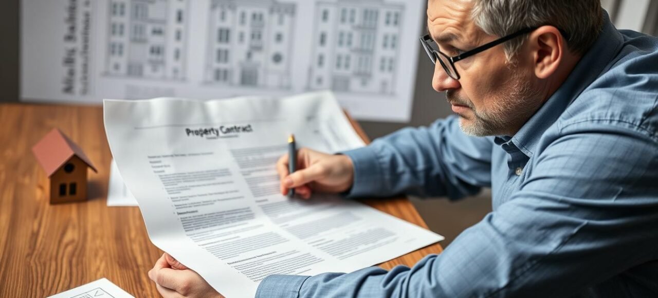 Pessoa preocupada analisando contrato de compra de imóvel na planta com expressão de dúvida