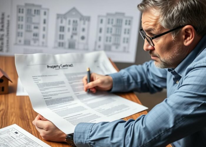 Pessoa preocupada analisando contrato de compra de imóvel na planta com expressão de dúvida
