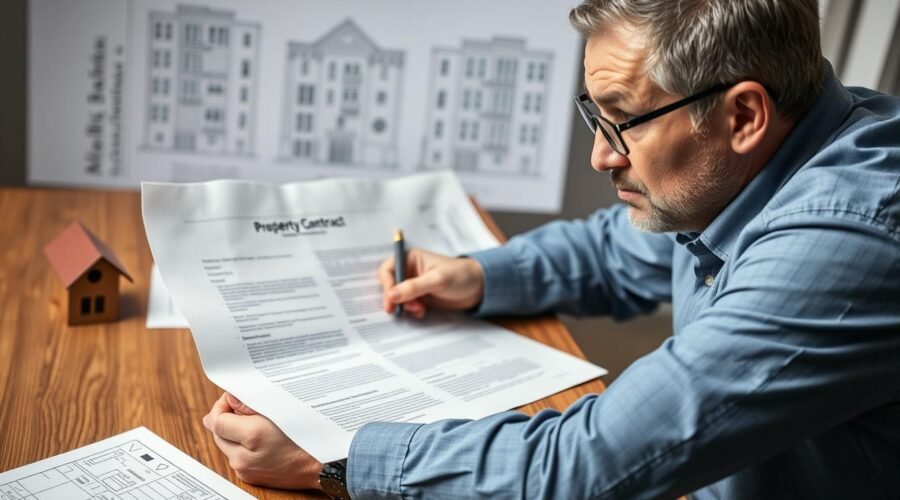 Pessoa preocupada analisando contrato de compra de imóvel na planta com expressão de dúvida