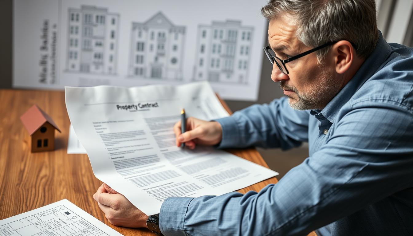Pessoa preocupada analisando contrato de compra de imóvel na planta com expressão de dúvida