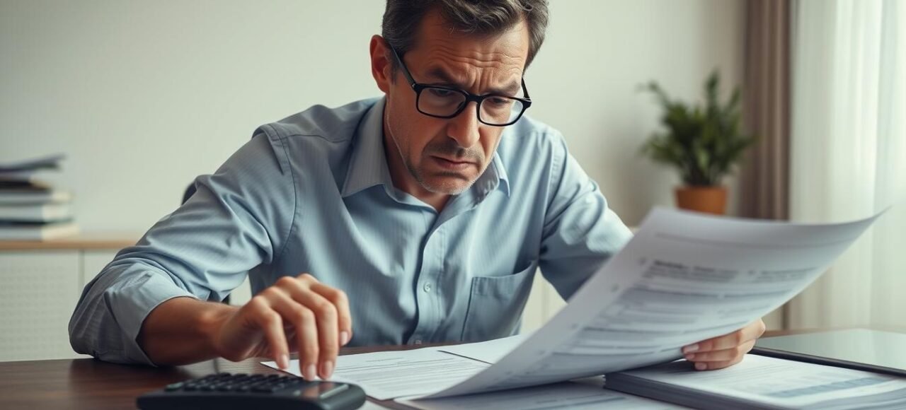 Pessoa preocupada analisando contrato de financiamento imobiliário com o banco