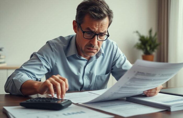 Pessoa preocupada analisando contrato de financiamento imobiliário com o banco