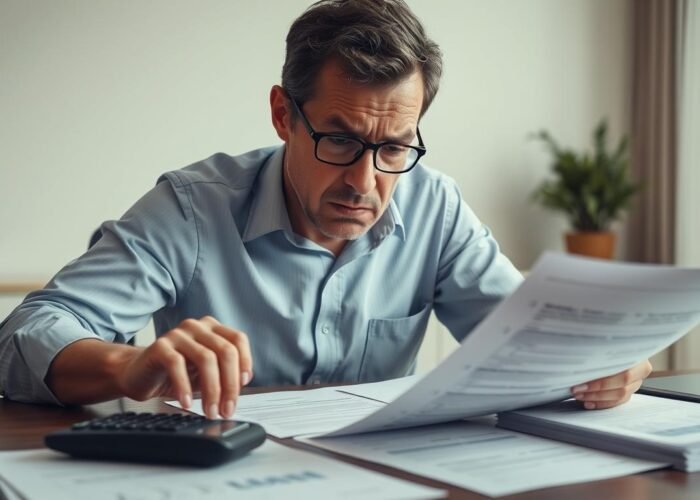 Pessoa preocupada analisando contrato de financiamento imobiliário com o banco