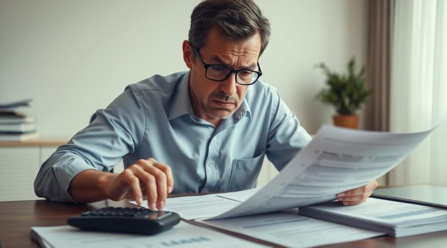 Pessoa preocupada analisando contrato de financiamento imobiliário com o banco