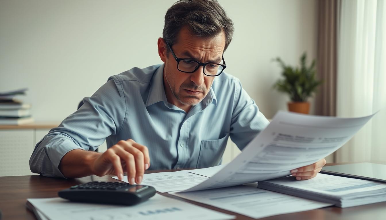 Pessoa preocupada analisando contrato de financiamento imobiliário com o banco