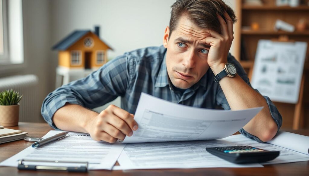 Pessoa preocupada analisando contrato de imóvel financiado com expressão de dúvida Pessoa preocupada analisando contrato de imóvel financiado com expressão de dúvida