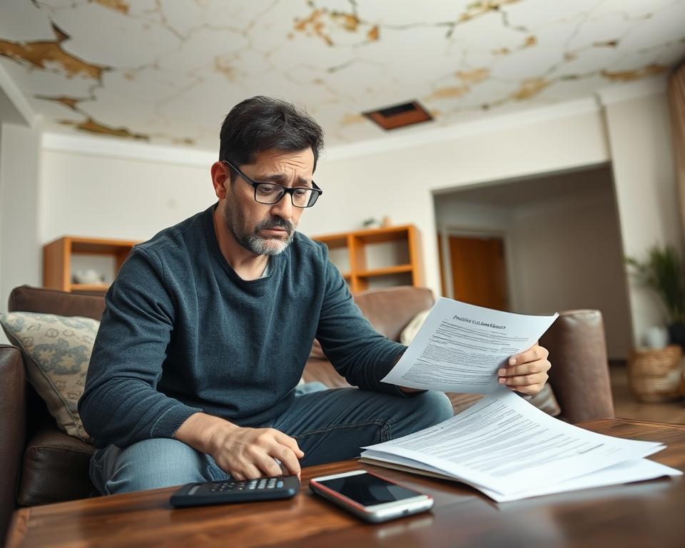 Pessoa preocupada analisando contrato de locação com problemas estruturais no imóvel
