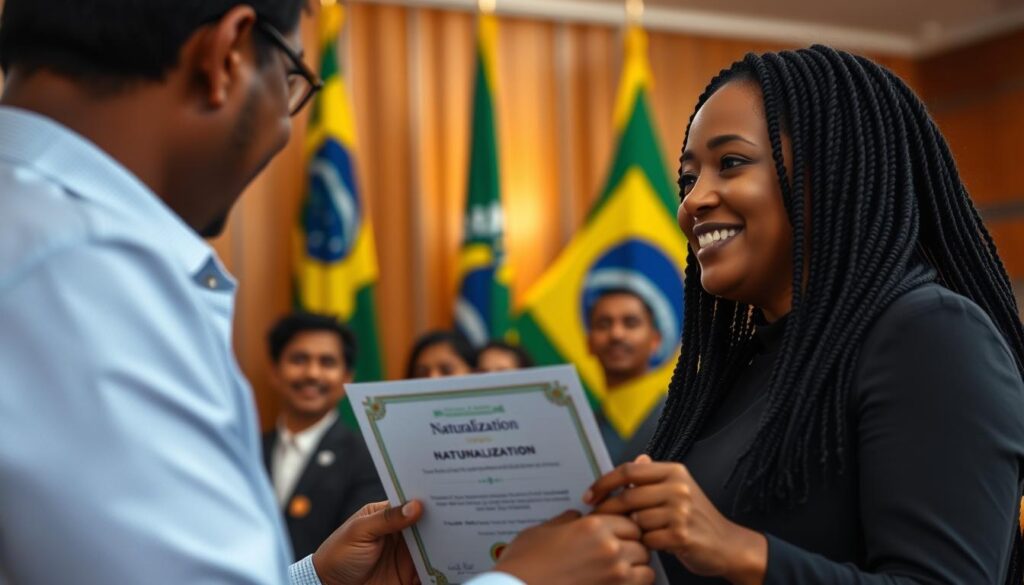Pessoa recebendo certificado de naturalização brasileira Pessoa recebendo certificado de naturalização brasileira