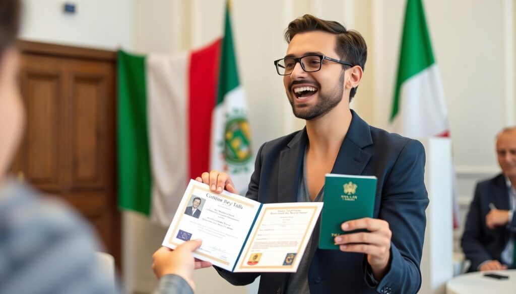 Pessoa recebendo passaporte italiano após processo de cidadania por ascendência Pessoa recebendo passaporte italiano após processo de cidadania por ascendência