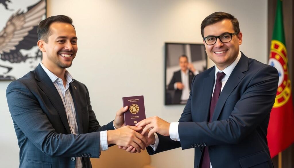 Pessoa recebendo passaporte português após processo de cidadania bem-sucedido Pessoa recebendo passaporte português após processo de cidadania bem-sucedido