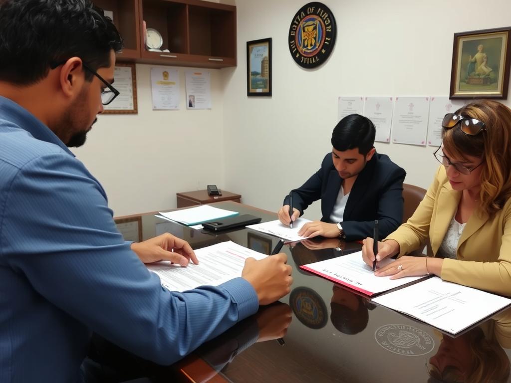Pessoas assinando documentos de inventário extrajudicial em um cartório Pessoas assinando documentos de inventário extrajudicial em um cartório