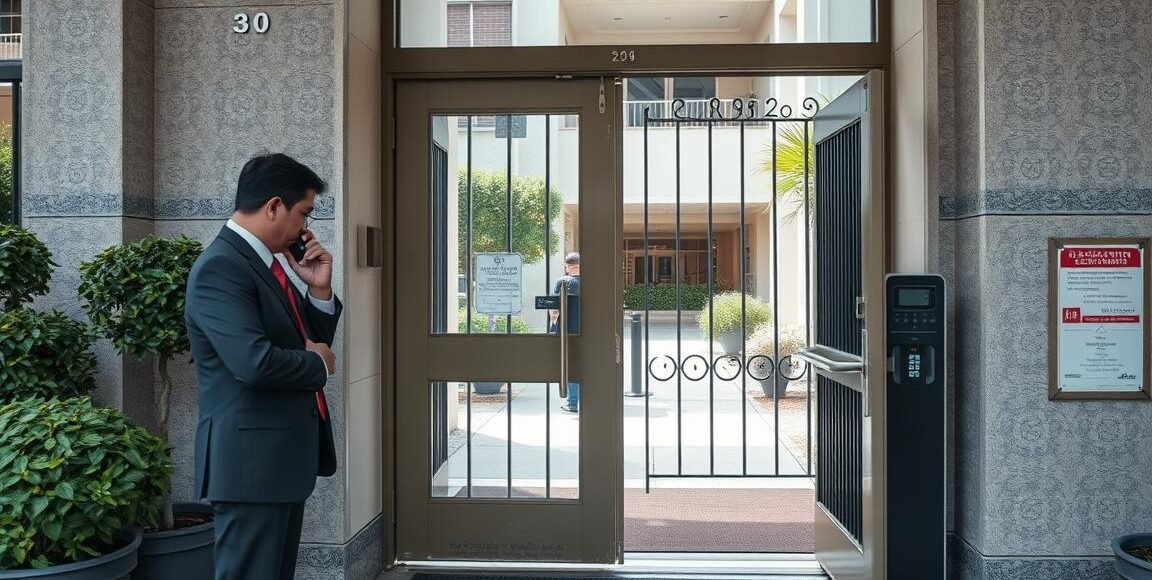 Portaria de condomínio com sistema de segurança inadequado e porteiro desatento