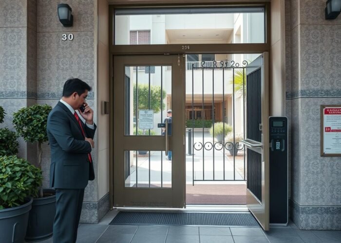 Portaria de condomínio com sistema de segurança inadequado e porteiro desatento