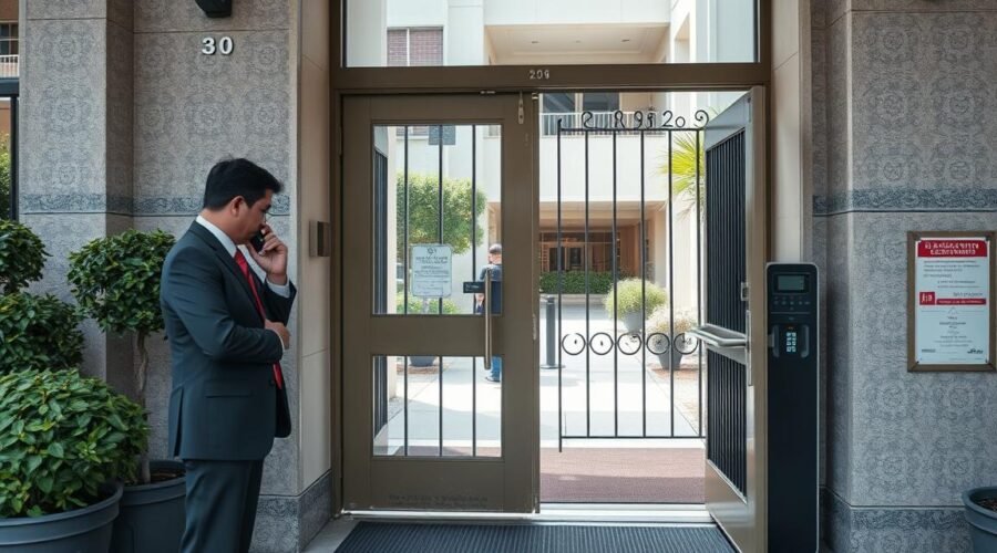 Portaria de condomínio com sistema de segurança inadequado e porteiro desatento