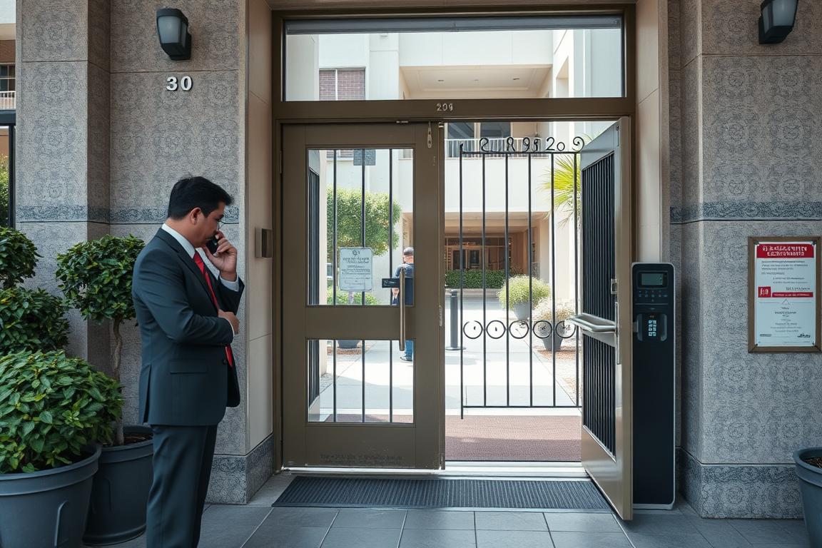 Portaria de condomínio com sistema de segurança inadequado e porteiro desatento