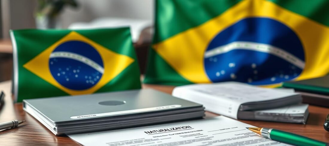 Processo-de-naturalizacao-brasileira-com-documentos-e-bandeira-do-Brasil Processo de naturalização brasileira com documentos e bandeira do Brasil