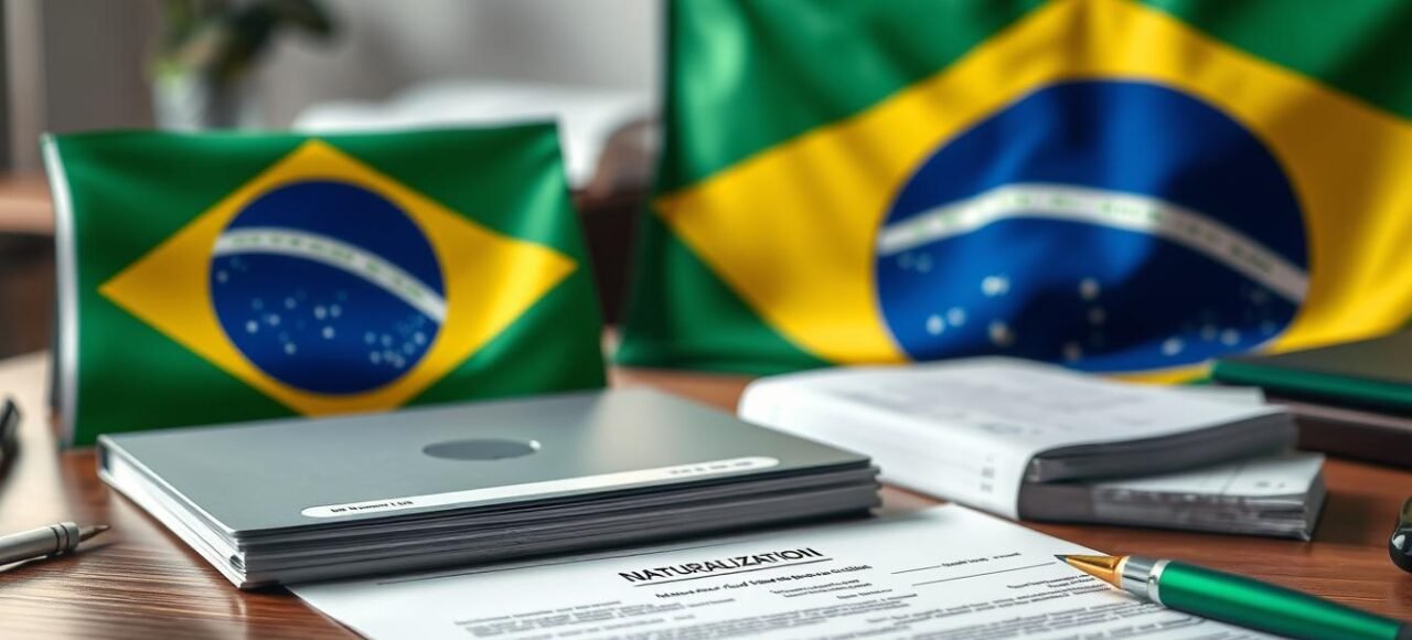Processo de naturalização brasileira com documentos e bandeira do Brasil