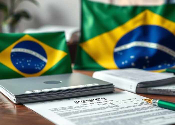 Processo de naturalização brasileira com documentos e bandeira do Brasil