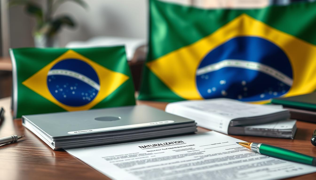 Processo de naturalização brasileira com documentos e bandeira do Brasil
