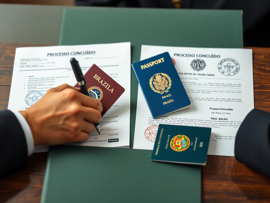 Processo de regularização de documentos de dupla cidadania Brasil sendo concluído com sucesso Processo de regularização de documentos de dupla cidadania Brasil sendo concluído com sucesso