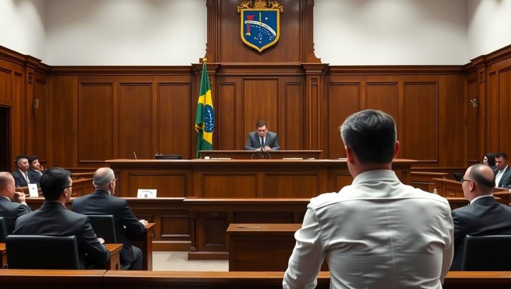 Sala de tribunal com juiz presidindo um caso de inventário de bens