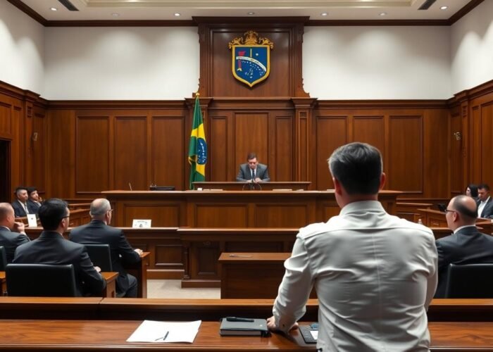 Sala de tribunal com juiz presidindo um caso de inventário de bens