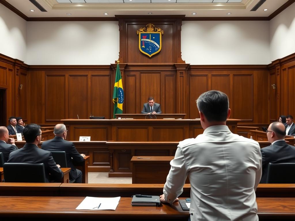 Sala de tribunal com juiz presidindo um caso de inventário de bens