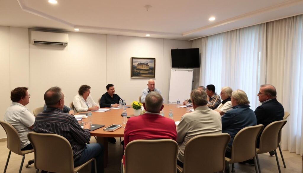 Síndico tomando decisões sem consultar moradores em reunião com poucos participantes Síndico tomando decisões sem consultar moradores em reunião com poucos participantes