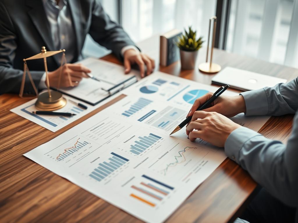 Visão estratégica representada por gráficos e documentos jurídicos em análise Visão estratégica representada por gráficos e documentos jurídicos em análise
