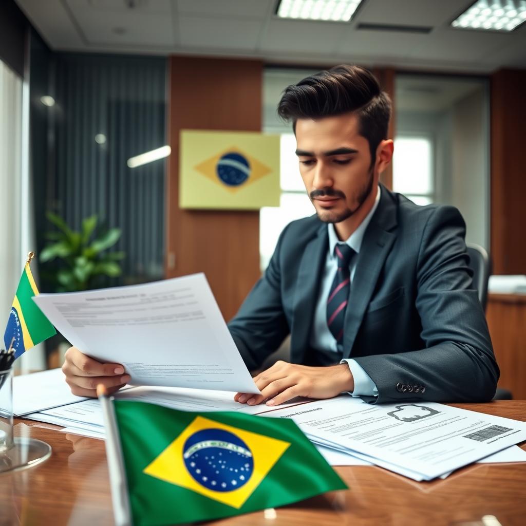Visto de trabalho para o Brasil - Profissional em escritório com documentos Visto de trabalho para o Brasil - Profissional em escritório com documentos