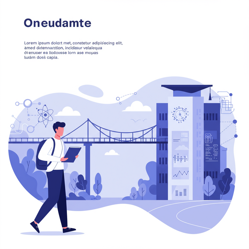 A Jornada do Estudante Internacional: Da Universidade ao Mercado de Trabalho Uma ilustração moderna e limpa representando a jornada de um estudante internacional de STEM nos EUA: uma figura estilizada de estudante segurando um diploma, em pé diante de uma ponte simbólica que conecta uma universidade a um edifício corporativo com silhuetas de tecnologia. Elementos minimalistas, linhas suaves, fundo branco com detalhes em azul-acinzentado e verde-água, transmitindo elegância e transição. Paleta minimalista, elegante e funcional.