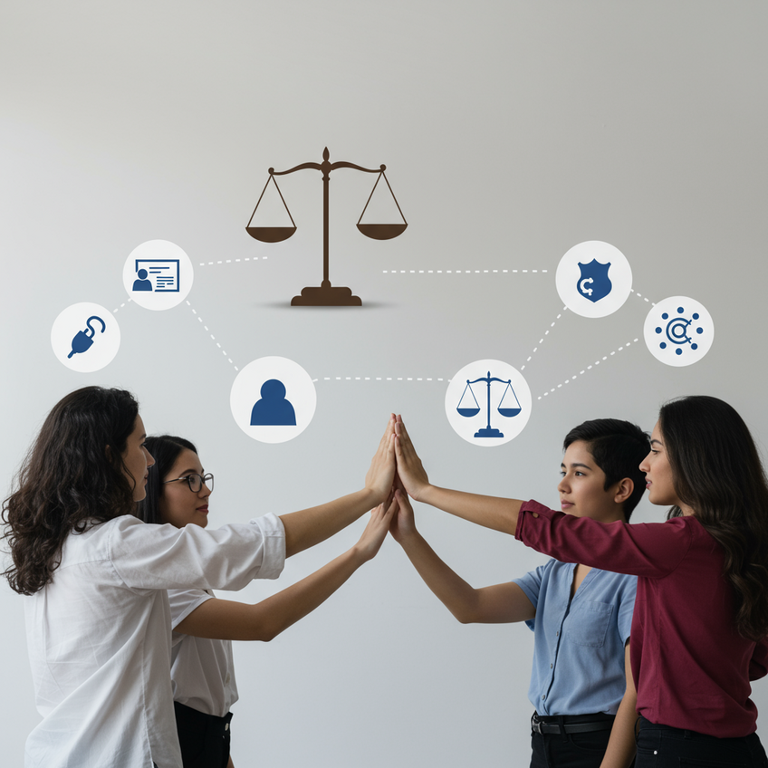 Apoio Jurídico e Recursos para Imigrantes Uma cena moderna e simbólica mostrando um grupo diverso de pessoas recebendo orientação jurídica, com ícones de mãos se apoiando, símbolos de advocacia (balança, escudo) e um fundo claro. Elementos visuais minimalistas e funcionais sugerem apoio comunitário e acesso a recursos, usando uma paleta de cinza, azul e branco, transmitindo confiança e acolhimento.