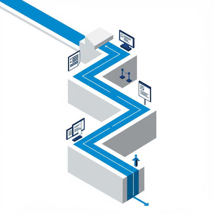 Caminho do Processo de Asilo Ilustração de um labirinto minimalista com caminho azul claro e ícones de etapas do processo de asilo: formulário, impressões digitais, cadeira de entrevista e selo de aprovação.