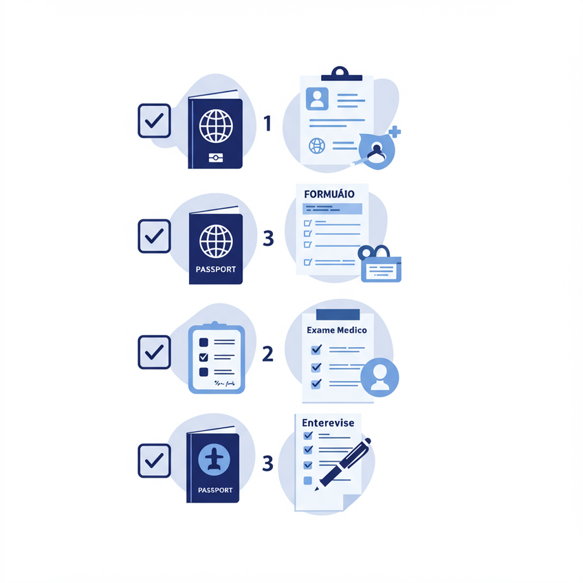 Checklist Visual para Imigrar com Sucesso Ilustração clean de checklist visual: caixas de seleção marcadas ao lado de ícones de documentos, passaporte, formulário, exame médico e entrevista, sugerindo passo a passo organizado
