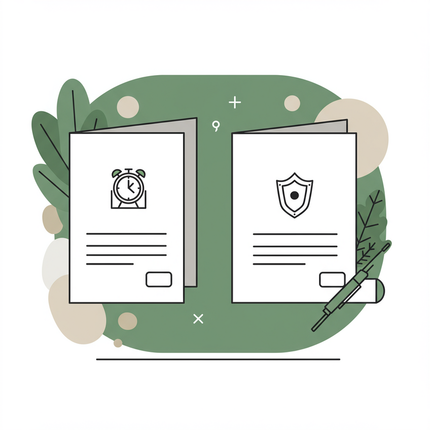 Condicional vs Permanente: Dois Green Cards, Dois Caminhos Ilustração moderna mostrando dois cartões de residência: à esquerda, um cartão com símbolo de ampulheta sugerindo temporariedade; à direita, um cartão com símbolo de escudo indicando estabilidade e permanência. Fundo minimalista com tons neutros e detalhes em verde.