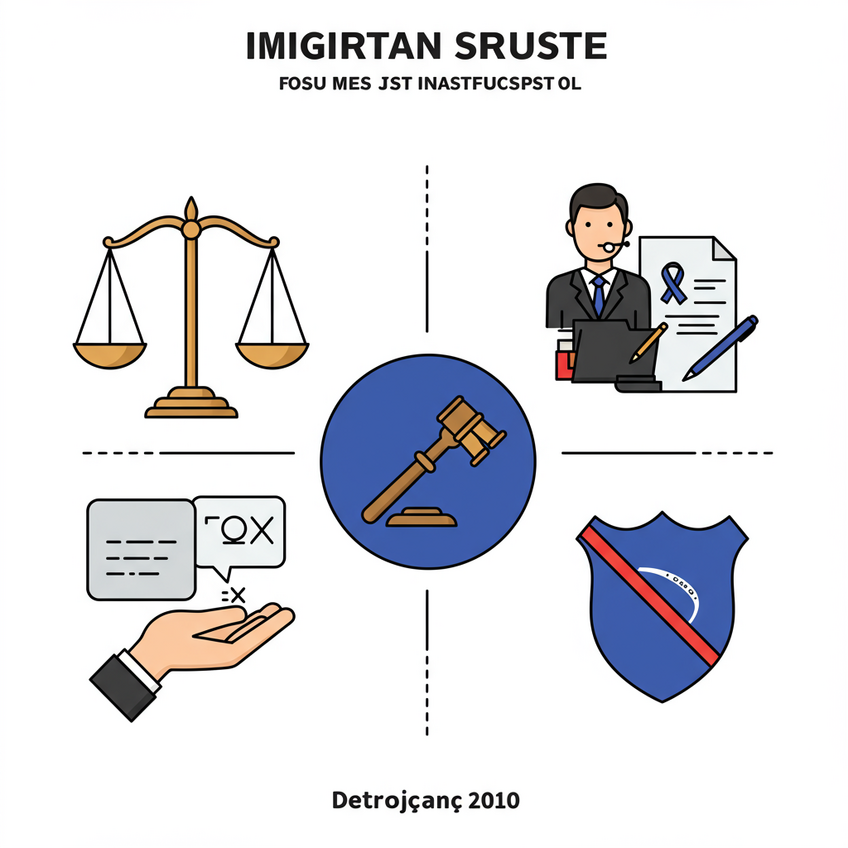 Direitos Fundamentais do Imigrante Uma composição moderna e minimalista de ícones representando direitos fundamentais do imigrante: uma balança da justiça, uma silhueta de advogado, uma boca com zíper (direito ao silêncio) e um escudo de proteção contra discriminação. Todos os elementos são desenhados de forma simbólica, com linhas limpas, sobre um fundo branco ou cinza claro com detalhes em azul escuro e cinza, transmitindo segurança e clareza.