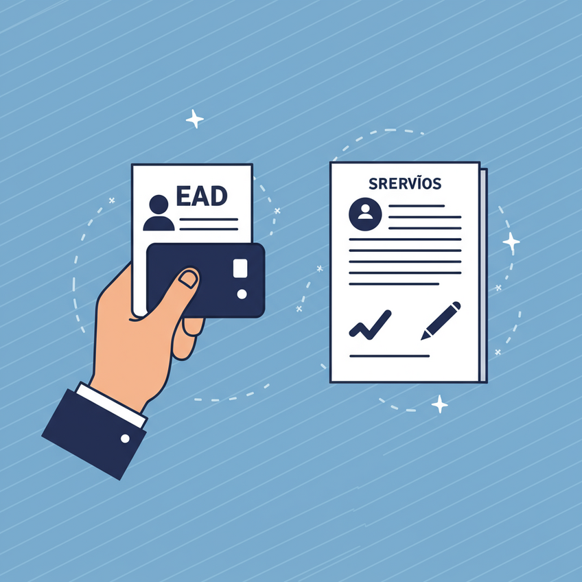 Direitos e Deveres Durante o Processo de Asilo Ilustração de dois ícones minimalistas: uma mão segurando um cartão de trabalho (EAD) e uma folha com marca de seleção, representando direitos e obrigações durante o processo de asilo.